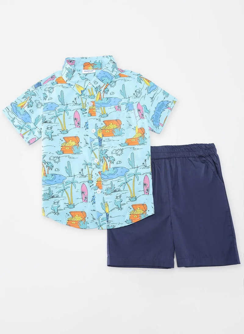 نوتيناتي Nautinati Boys Multicolour Hawaiian and Treasure Print Rayon Half Sleeve Shirt with Cotton Navy Shorts