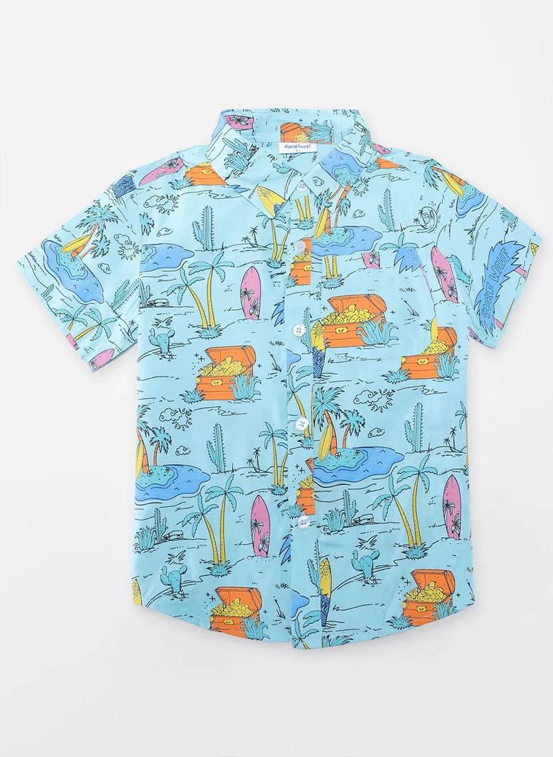 نوتيناتي Nautinati Boys Multicolour Hawaiian and Treasure Print Rayon Half Sleeve Shirt with Cotton Navy Shorts