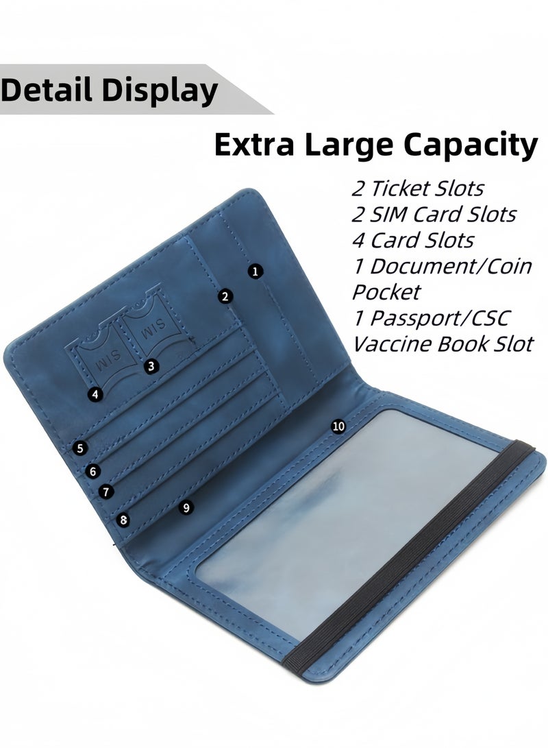 لغة محفظة جواز سفر متعددة الفتحات – حافظة سفر مانعة لتقنية RFID للرجال والنساء، غطاء من الجلد الصناعي لوثائق السفر (أزرق غامق) - Image 2