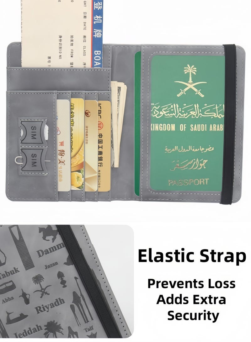 لغة محفظة جواز سفر متعددة الفتحات – حافظة سفر مانعة لتقنية RFID للرجال والنساء، غطاء من الجلد الصناعي لوثائق السفر (أزرق غامق) - Image 3