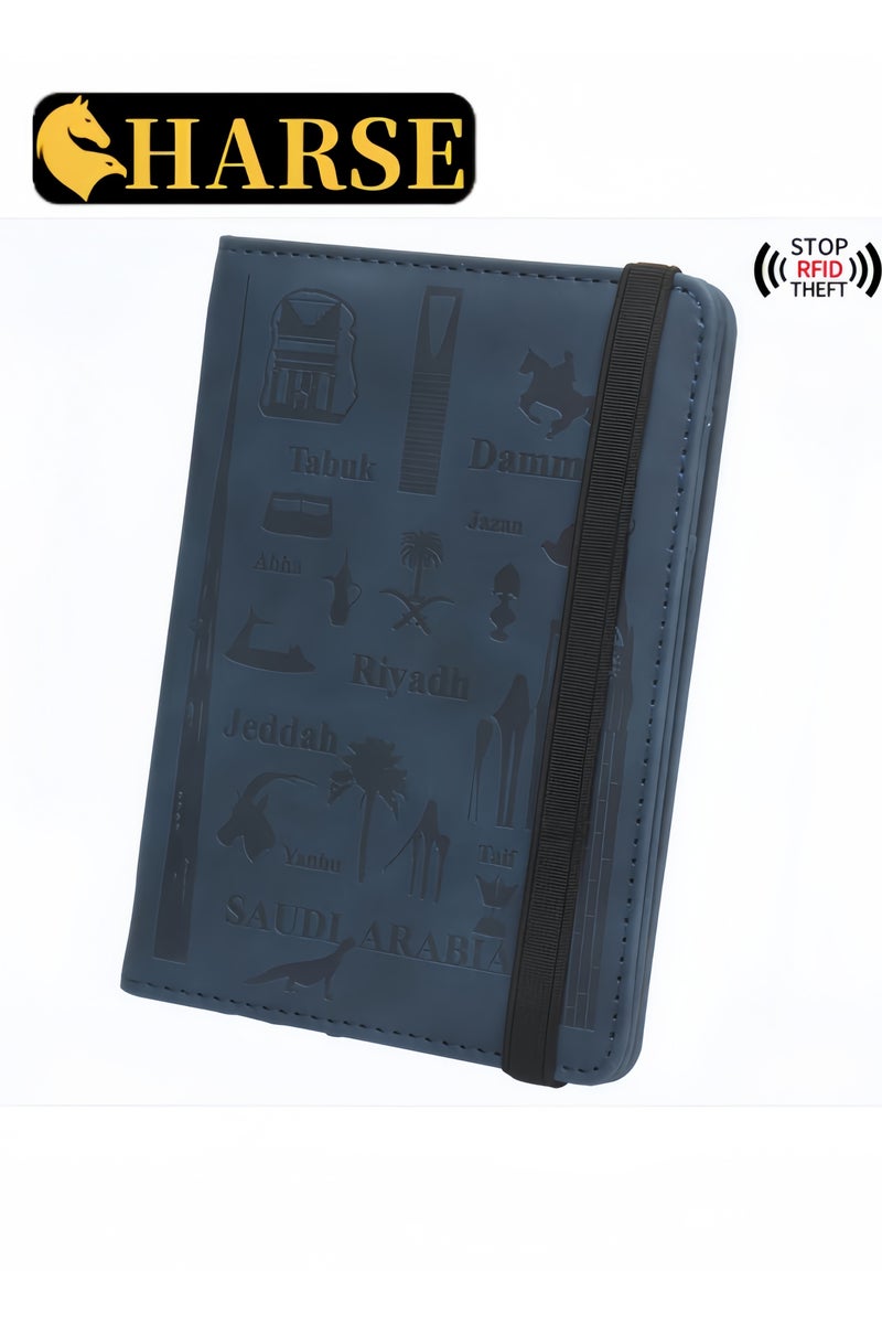 لغة محفظة جواز سفر متعددة الفتحات – حافظة سفر مانعة لتقنية RFID للرجال والنساء، غطاء من الجلد الصناعي لوثائق السفر (أزرق غامق) - Image 1