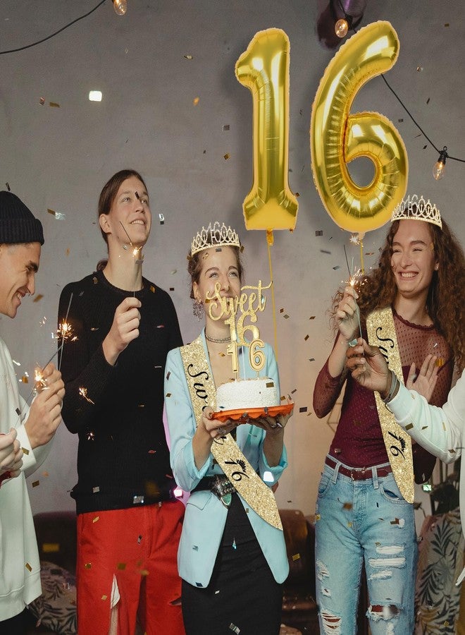 YeohJoy Sweet 16 Birthday Decorations for Girls with 16th Birthday Sash and Tiara, Sweet 16 Cake Topper and Candles, 16 Birthday Balloons, Happy 16th Birthday Gifts for Sweet 16 Birthday Party (Gold) - Image 2