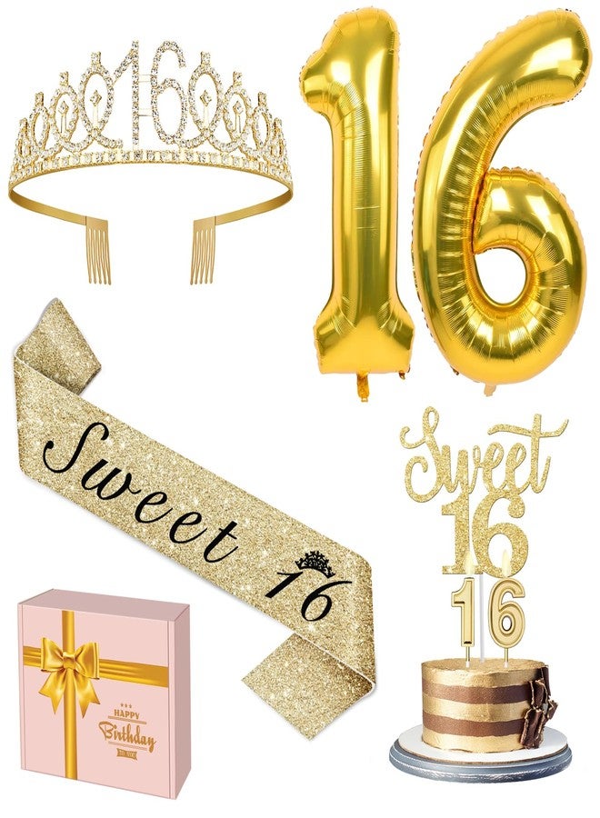 YeohJoy Sweet 16 Birthday Decorations for Girls with 16th Birthday Sash and Tiara, Sweet 16 Cake Topper and Candles, 16 Birthday Balloons, Happy 16th Birthday Gifts for Sweet 16 Birthday Party (Gold) - Image 1
