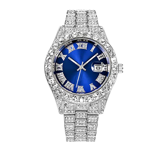 CdyBox Men Hip Hop Watch with Roman Scale Calendar Crystal Rhinestone Watches Stainless Steel Iced-Out Wrist Watch (Silver Blue) - Image 5
