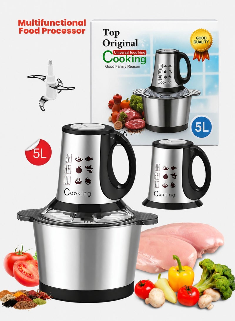 Electric Meat Chopper 5L 1000W Stainless Steel Food Processor Grinder for Meat Vegetables Fruits and Nuts 3 Speed Control Mincer Blender Mixer with 4 Bi Level Blades Large Capacity Bowl - Image 1