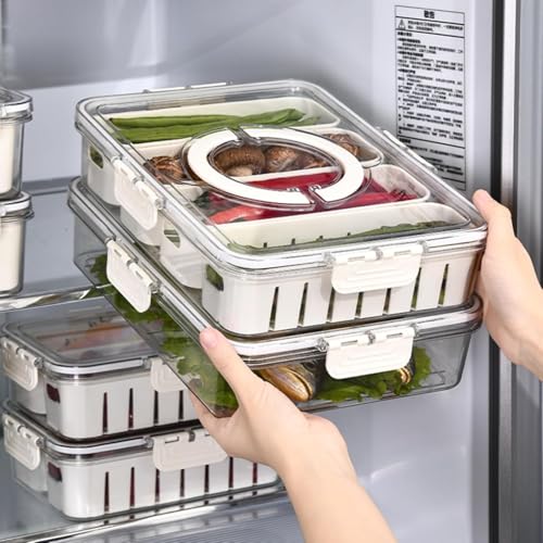 Vasukie Divided Fridge Storage Boxes With 4 Serving Veggie Tray with Lid and Handle, Fridge Organizer with Removable 4 Compartment, Fridge Storage Containers (4 Compartment-2PC) - Image 1