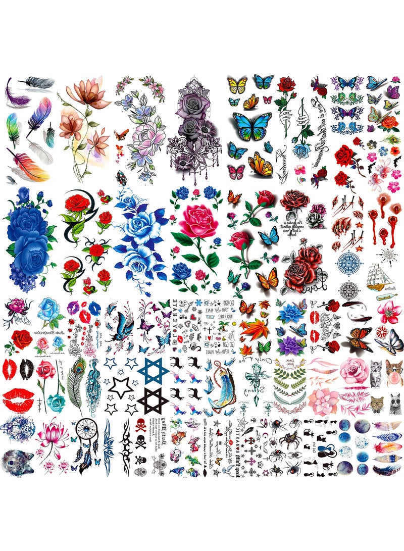 KASTWAVE Rose Flowers Temporary Tattoos, Realistic Feather 3D Butterfly Fake Tattoos Temporary for Girls, Floral Blossom Branch Arm Neck Face Tatoo Sticker Kit (56 Sheets)  - Image 1