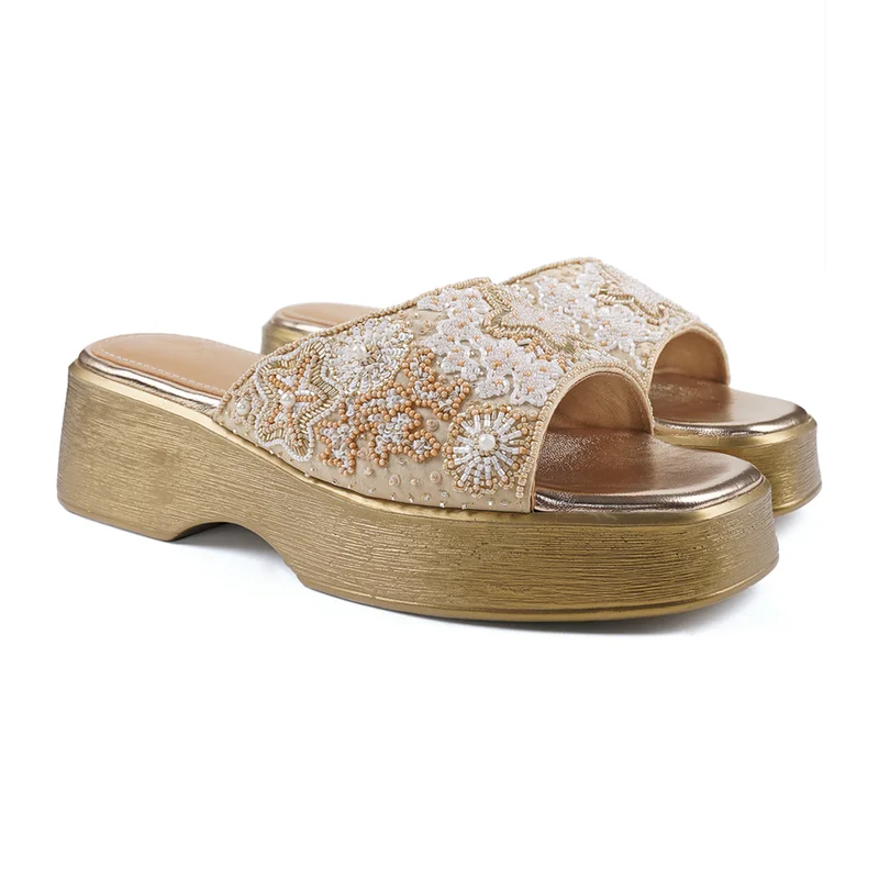 Anaar Anaar Sea Star Satin Embellished Open Sandals – Bridal & Occasion Wear (Beige)