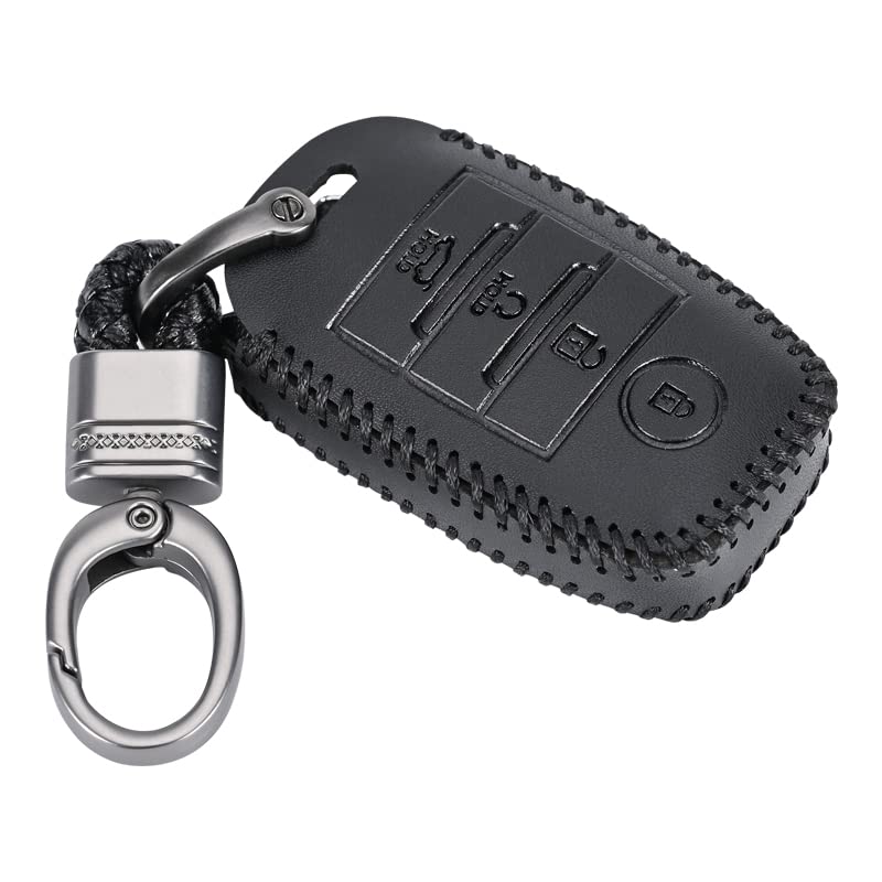 Contacts Black Soft Leather Car Key Cover Compatible with Kia 4 Button Smart Key With Key Chain For Seltos | Sonet | Carens - Image 1