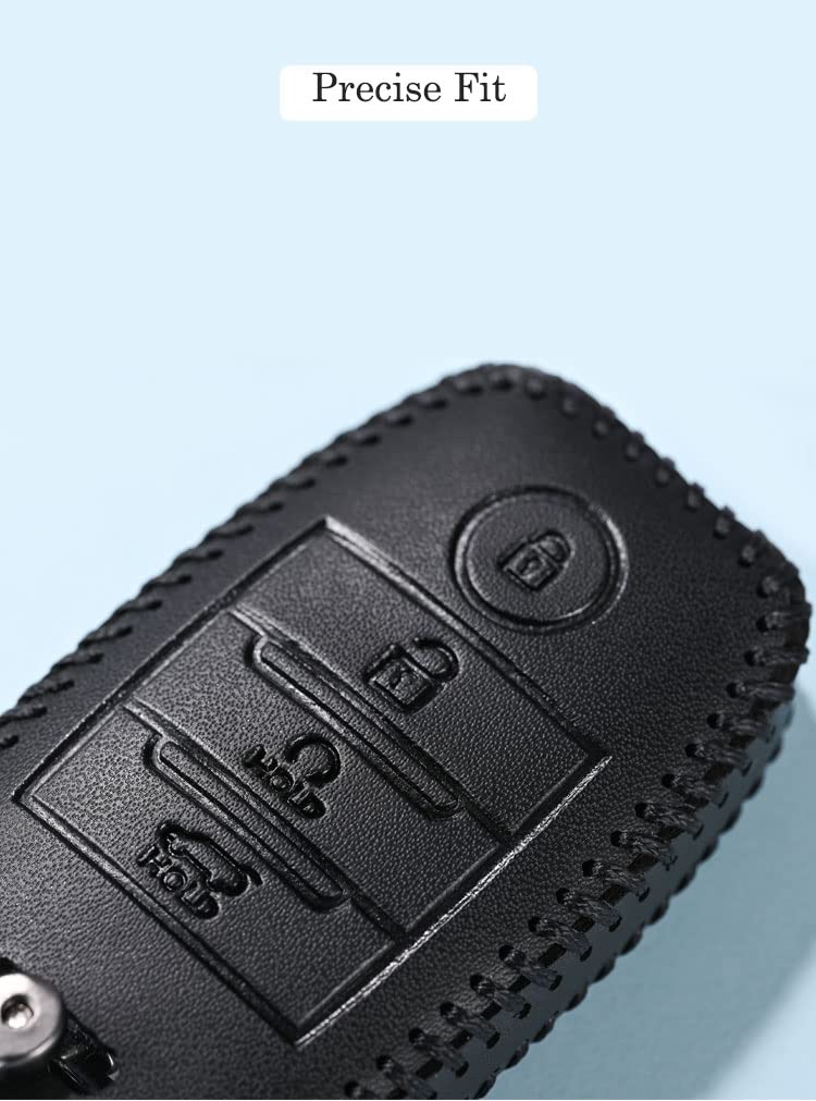 Contacts Black Soft Leather Car Key Cover Compatible with Kia 4 Button Smart Key With Key Chain For Seltos | Sonet | Carens - Image 3