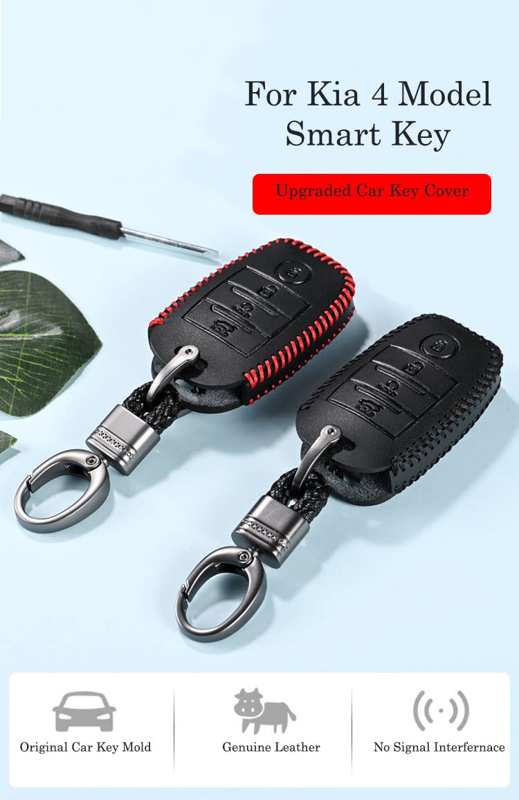 Contacts Black Soft Leather Car Key Cover Compatible with Kia 4 Button Smart Key With Key Chain For Seltos | Sonet | Carens - Image 2