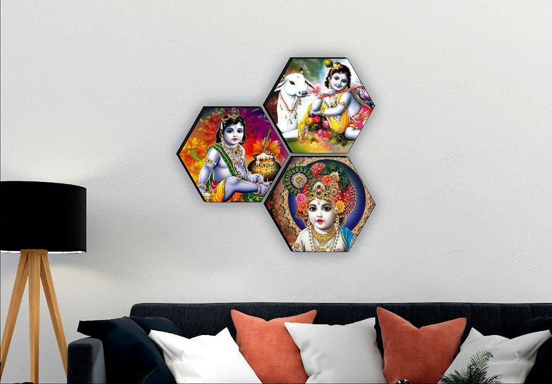 SAF paintings Set of 3 Hexagon Kanha Ji MDF Board UV Textured Painting 17 Inch X 17 Inch SANFHXS30610 - Image 2