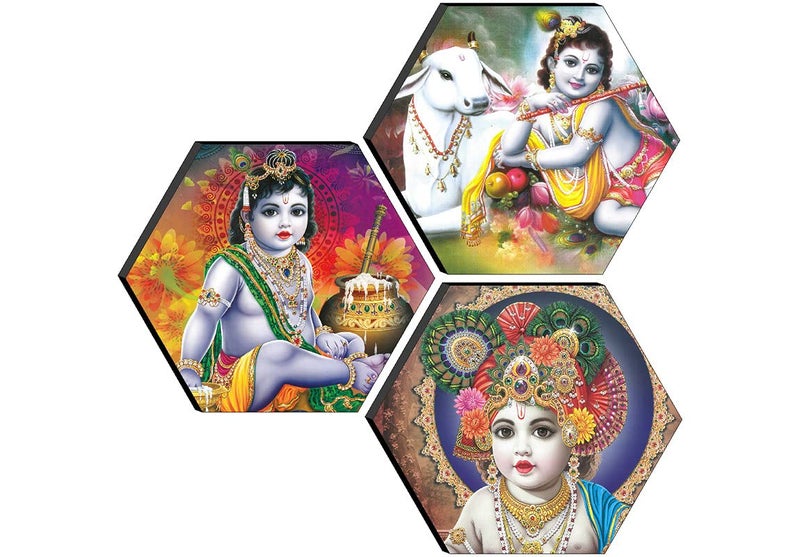 SAF paintings Set of 3 Hexagon Kanha Ji MDF Board UV Textured Painting 17 Inch X 17 Inch SANFHXS30610 - Image 1