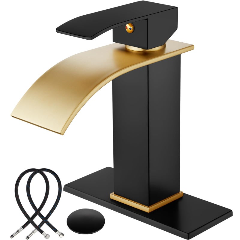 Midanya Bathroom Sink Faucet Waterfall Spout Single Handle 1 Hole Deck Mount Mixer Tap Lavatory Vanity Vessel Faucet Commercial With Pop Up Drain Short Brushed Gold Spout And Matte Black - Image 1