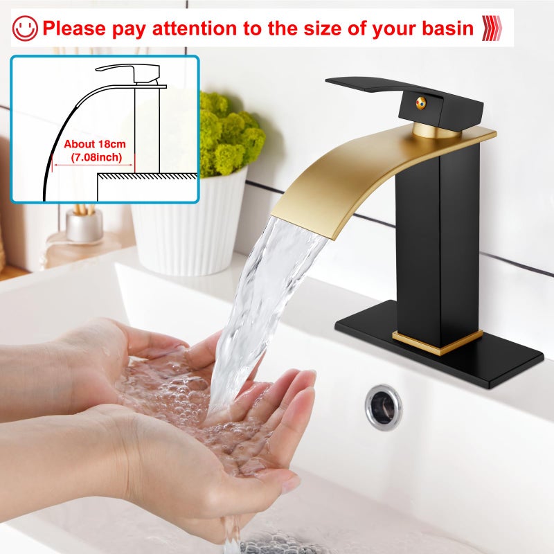 Midanya Bathroom Sink Faucet Waterfall Spout Single Handle 1 Hole Deck Mount Mixer Tap Lavatory Vanity Vessel Faucet Commercial With Pop Up Drain Short Brushed Gold Spout And Matte Black - Image 3