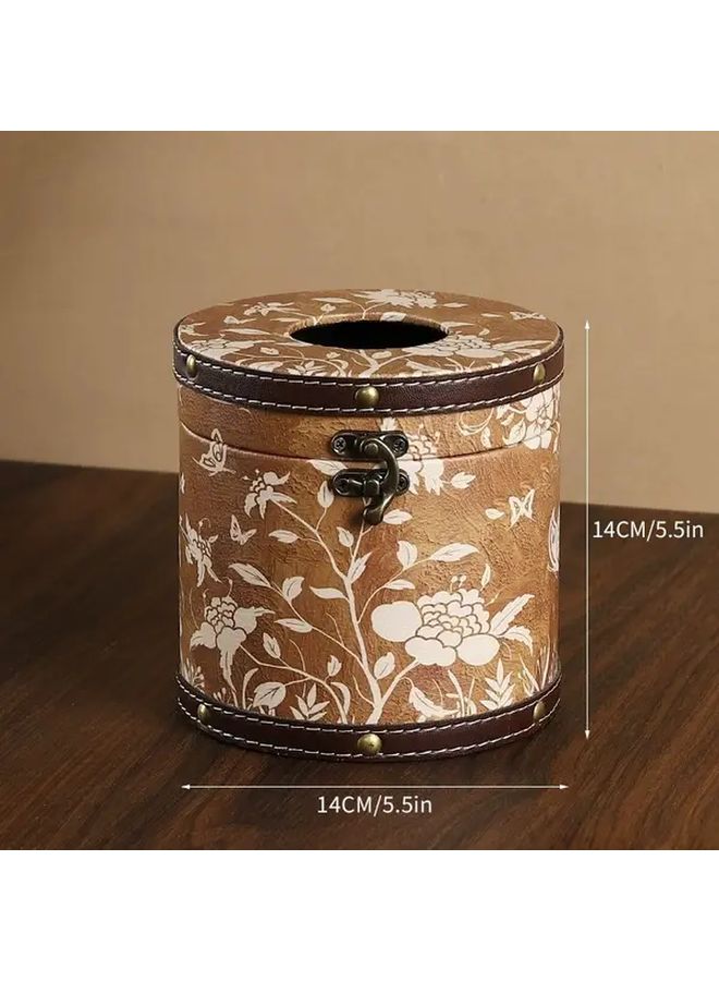 Round Tissue Box Cover Butterfly Dance Pattern Rustic Tabletop Holder Golden Hinges - Image 1