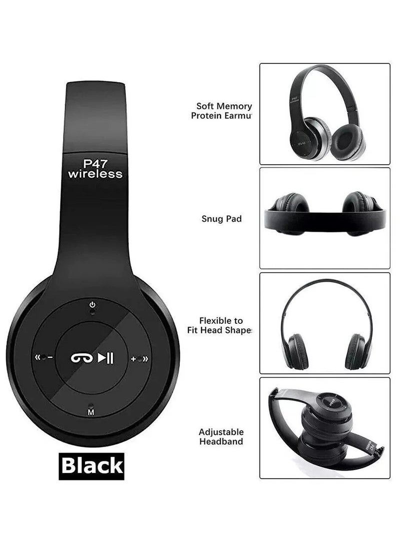 On-Ear Bluetooth Stereo Headset Black , P47 Stereo Bluetooth Headphones Black - Image 4
