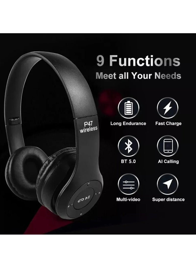 On-Ear Bluetooth Stereo Headset Black , P47 Stereo Bluetooth Headphones Black - Image 2