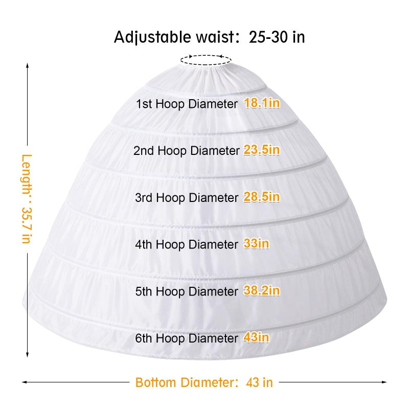VeMee Full 6 Hoop Skirt Floor Length Crinoline Underskirt for Wedding Dress Petticoat (One Size, 6 hoops-White) - Image 3