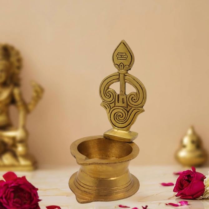 Spillbox Traditional Brass Antique Diya for Puja|Pooja Aarti|Arti Deepak Deepam Oil Lamp for Home Temple Puja Articles Decor Gifts[Weight:185g Height:5inch]- Antique OM Vel Diya - Image 1