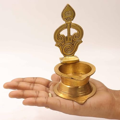 Spillbox Traditional Brass Antique Diya for Puja|Pooja Aarti|Arti Deepak Deepam Oil Lamp for Home Temple Puja Articles Decor Gifts[Weight:185g Height:5inch]- Antique OM Vel Diya - Image 2