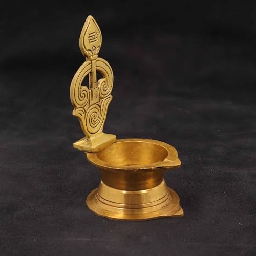 Spillbox Traditional Brass Antique Diya for Puja|Pooja Aarti|Arti Deepak Deepam Oil Lamp for Home Temple Puja Articles Decor Gifts[Weight:185g Height:5inch]- Antique OM Vel Diya - Image 5