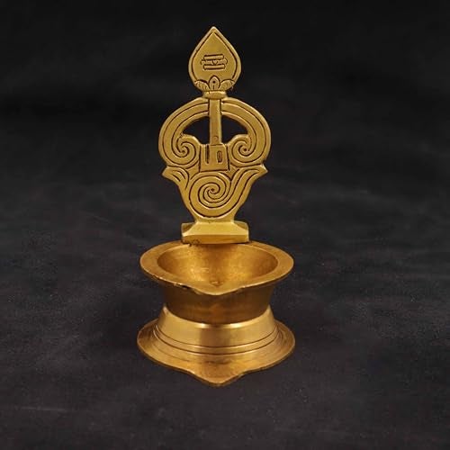 Spillbox Traditional Brass Antique Diya for Puja|Pooja Aarti|Arti Deepak Deepam Oil Lamp for Home Temple Puja Articles Decor Gifts[Weight:185g Height:5inch]- Antique OM Vel Diya - Image 4