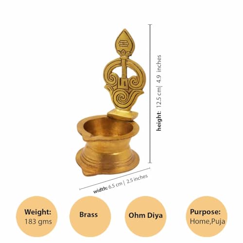 Spillbox Traditional Brass Antique Diya for Puja|Pooja Aarti|Arti Deepak Deepam Oil Lamp for Home Temple Puja Articles Decor Gifts[Weight:185g Height:5inch]- Antique OM Vel Diya - Image 3