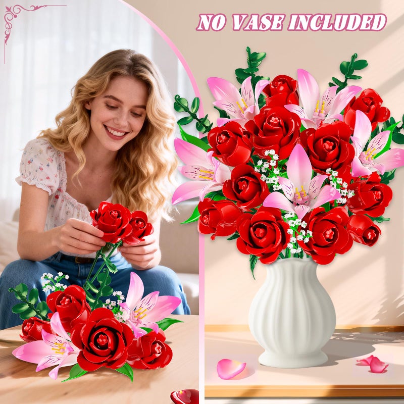 CUBIMANA Rose Flower Bouquet Building Set with LED - Red Rose Botanical Collection Building Block Set for Adults, Pink Lilies Artificial Plant for Home Decor, Valentine's Day Gifts for Her Women Girls - Image 5