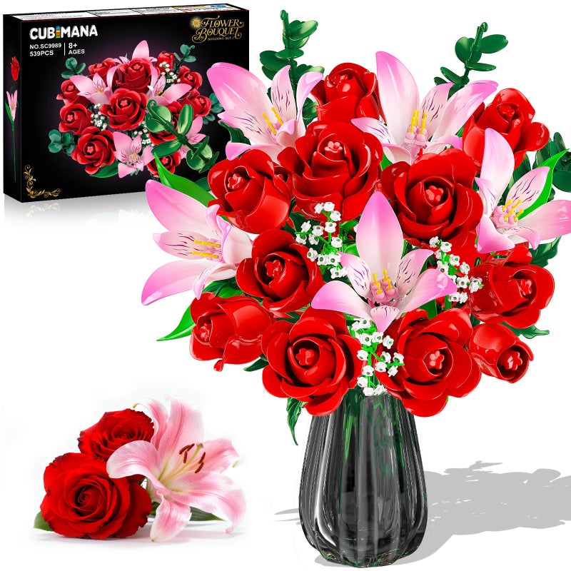 CUBIMANA Rose Flower Bouquet Building Set with LED - Red Rose Botanical Collection Building Block Set for Adults, Pink Lilies Artificial Plant for Home Decor, Valentine's Day Gifts for Her Women Girls - Image 1