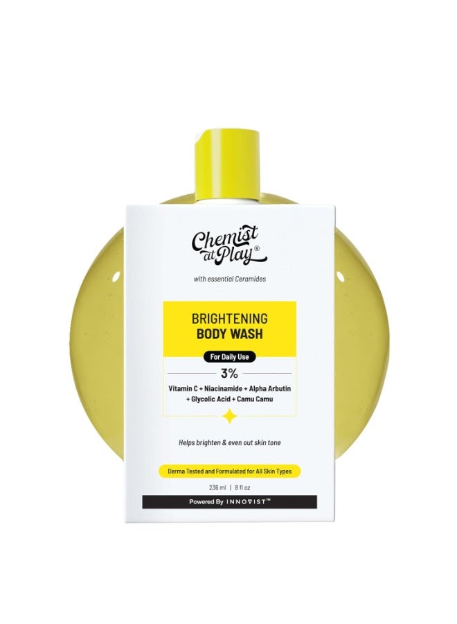 Chemist at Play Brightening Body Wash | Vitamin C Bodywash for Glowing Skin | Fades Dark Spots | Evens out Skin Tone | Alpha Arbutin | 30X Vitamin C with Camu Camu | SLS & Paraben Free | For Women & Men | 236mL - Image 2