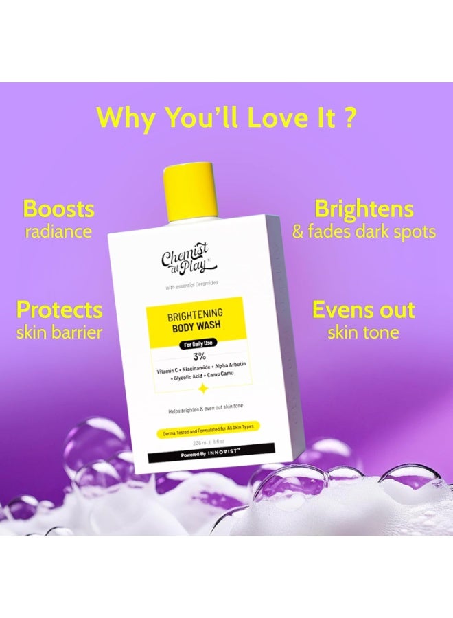 Chemist at Play Brightening Body Wash | Vitamin C Bodywash for Glowing Skin | Fades Dark Spots | Evens out Skin Tone | Alpha Arbutin | 30X Vitamin C with Camu Camu | SLS & Paraben Free | For Women & Men | 236mL - Image 4