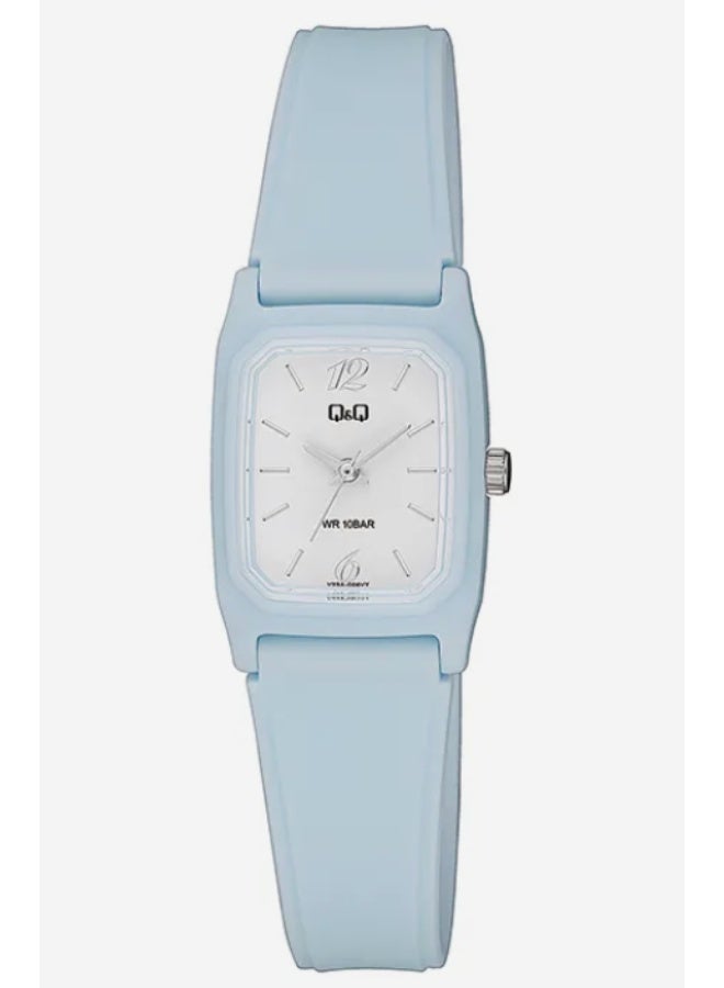 Q&Q V33A-006VY analog watch with a light blue resin case and strap