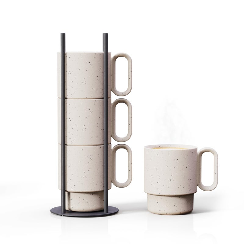 LIBKEN Stackable Coffee Mug Set with Black Stand - 4x8oz Ceramic Mugs with Unique Sprinkled Optics - Powder Coated Metal Rack - Dishwasher-Safe - Microwave & Oven - Scandinavian Minimal Design - Image 1
