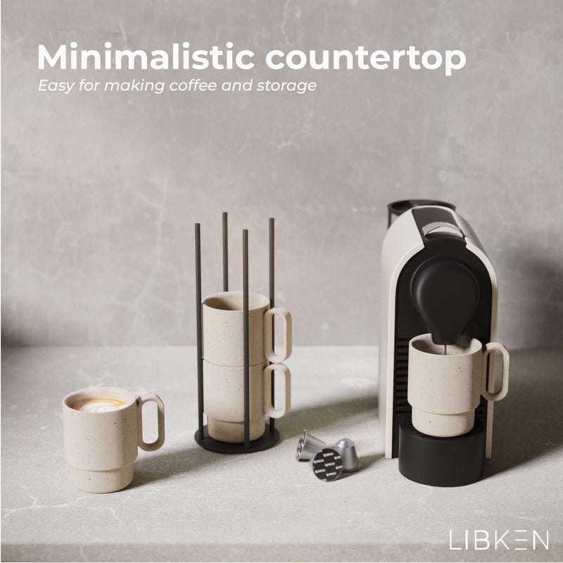 LIBKEN Stackable Coffee Mug Set with Black Stand - 4x8oz Ceramic Mugs with Unique Sprinkled Optics - Powder Coated Metal Rack - Dishwasher-Safe - Microwave & Oven - Scandinavian Minimal Design - Image 2