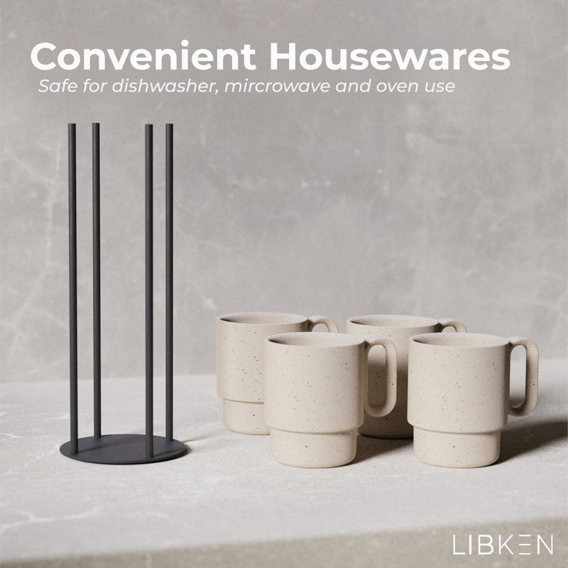LIBKEN Stackable Coffee Mug Set with Black Stand - 4x8oz Ceramic Mugs with Unique Sprinkled Optics - Powder Coated Metal Rack - Dishwasher-Safe - Microwave & Oven - Scandinavian Minimal Design - Image 4