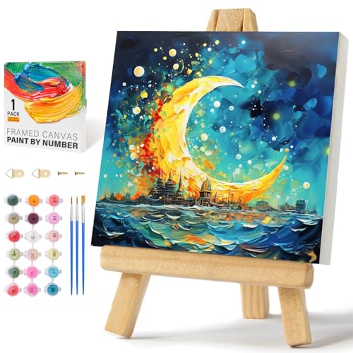 Offito Framed Paint by Numbers Kit for Adults Beginners & Kids Ages 8-12, Sea and Moon Acrylic Easy Paint by Number with Frame, Watercolor Paint by Number Kits on Canvas Framed (10 * 10 Inch, without Easel) - Image 1