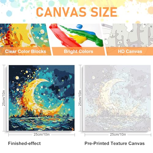 Offito Framed Paint by Numbers Kit for Adults Beginners & Kids Ages 8-12, Sea and Moon Acrylic Easy Paint by Number with Frame, Watercolor Paint by Number Kits on Canvas Framed (10 * 10 Inch, without Easel) - Image 2