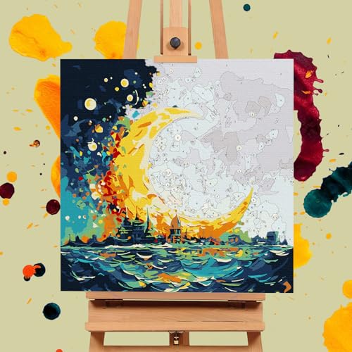 Offito Framed Paint by Numbers Kit for Adults Beginners & Kids Ages 8-12, Sea and Moon Acrylic Easy Paint by Number with Frame, Watercolor Paint by Number Kits on Canvas Framed (10 * 10 Inch, without Easel) - Image 4