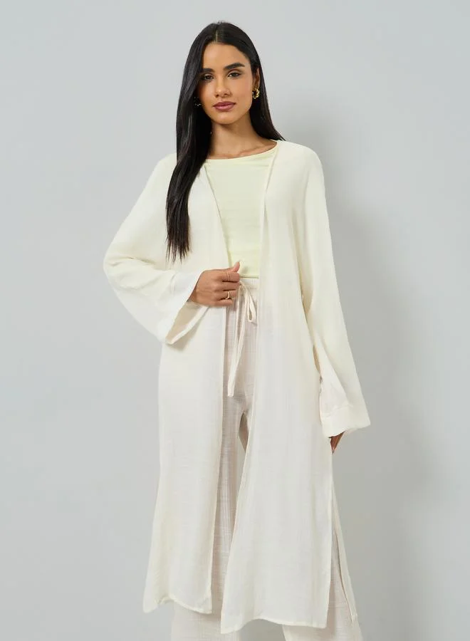 تايك تو Women's Solid Open Front Midi Kimono With Drawstring Waist Pants Set