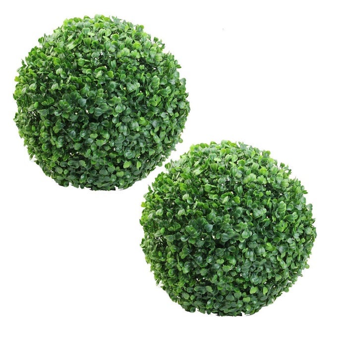 PVC PLASTIC ARTIFICIAL EUCALYPTUS BOXWOOD TOPIARY GRASS BALL 28 CM TOTAL DIAMETER GREEN SET OF 2