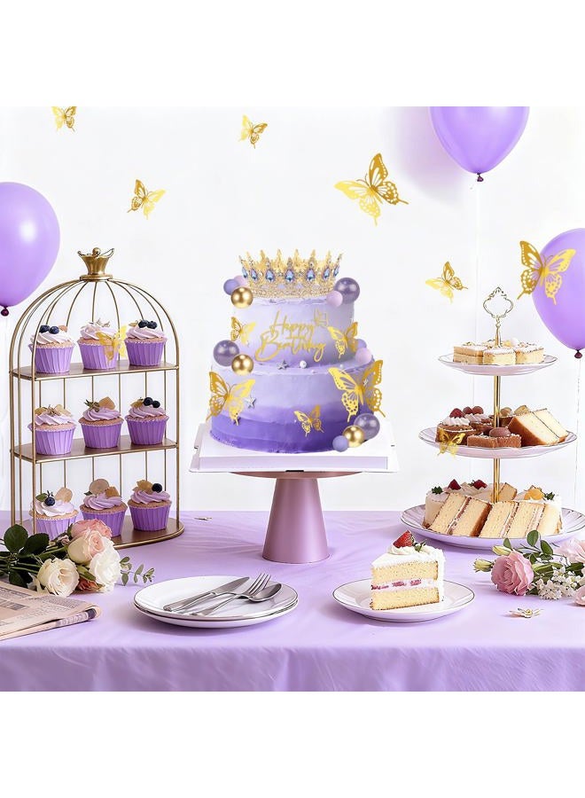 ZOYVUX تاج كعكة عيد الميلاد، زينة كعكة مع تاج عيد ميلاد سعيد، كرات، فراشات ذهبية، كورونا بارا باستيل للنساء، أميرة، زينة حفلات الزفاف (ذهبي وبنفسجي) - Image 2