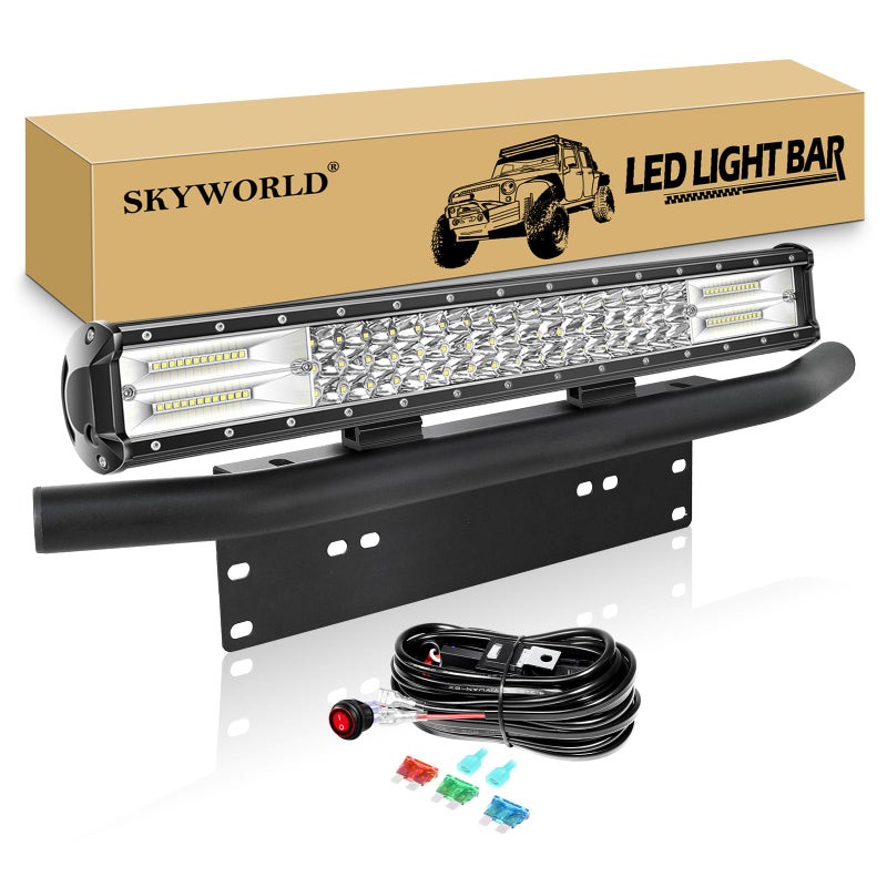 SKYWORLD LED Light Bar, 7D 20 inch 288W Spot Flood Combo Beam Work Driving Lamp with Black License Plate Mounting Bracket 12V Wiring Harness Kit On Off Switch for Truck Car ATV SUV 4X4 Boat - Image 1