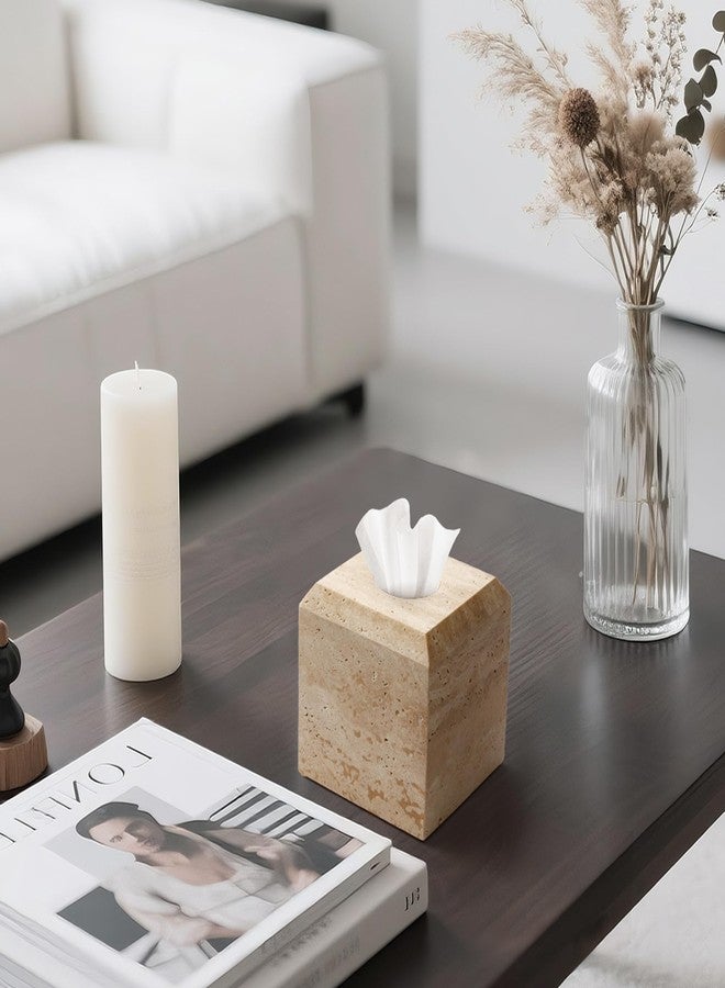 WORHE Tissue Box Cover Italy Natural Travertine Stone Heavy Duty Square Facial Toilet Paper Holder for Bathroom Living Room Bedroom Dresser Kitchen Minimalistic Office Home Decor Beige (TBC145WT) - Image 4