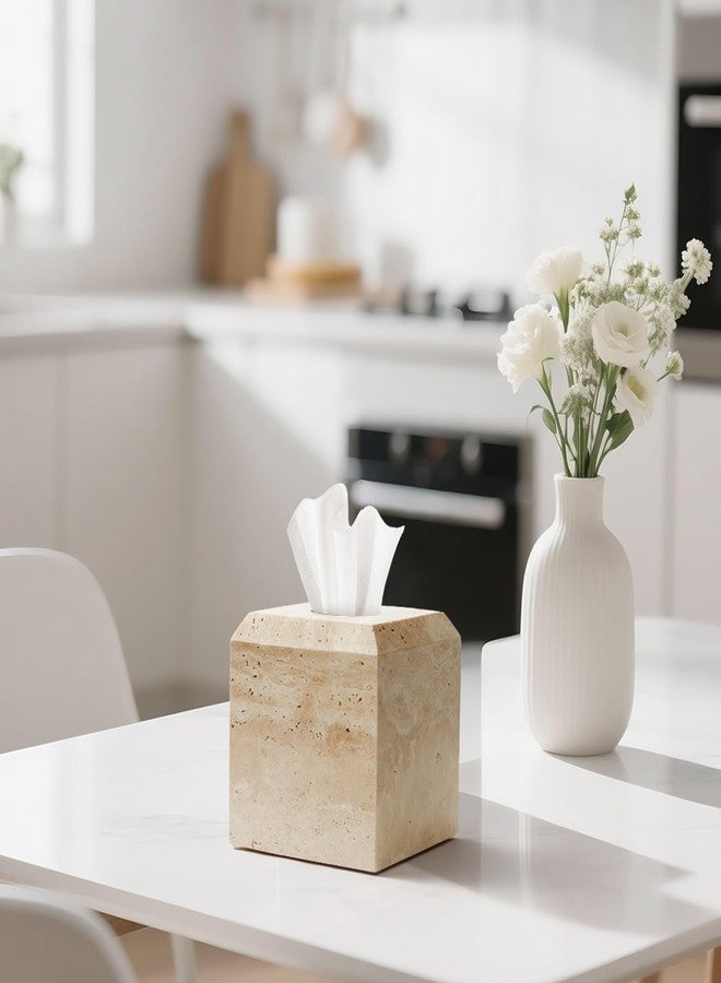 WORHE Tissue Box Cover Italy Natural Travertine Stone Heavy Duty Square Facial Toilet Paper Holder for Bathroom Living Room Bedroom Dresser Kitchen Minimalistic Office Home Decor Beige (TBC145WT) - Image 2