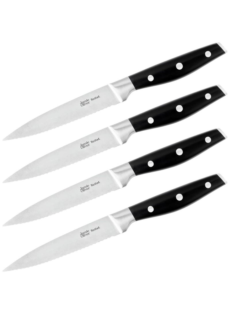 Tefal Jamie Oliver K26708 Steak Knife Set 4 Piece 12CM Stainless Steel  Steak Cutlery Set For 4 People  Steak Knives With Non-slip Handles  Grill Cutlery  Stainless Steel  Black  Silver