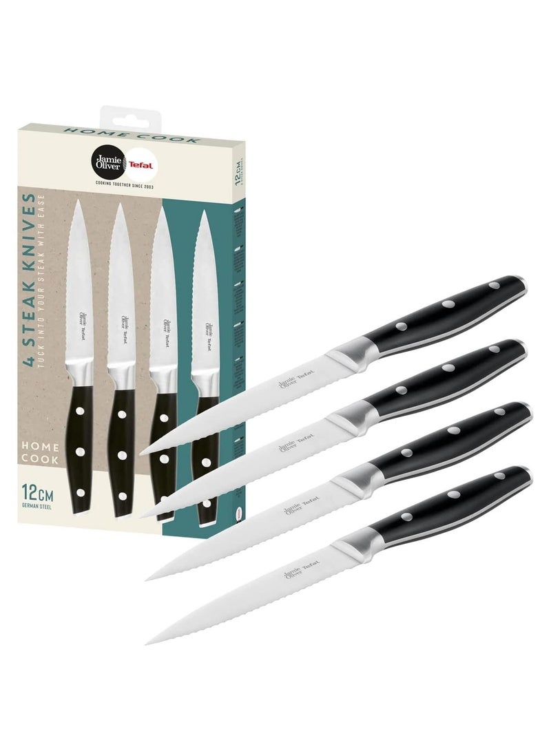 Tefal Jamie Oliver K26708 Steak Knife Set 4 Piece 12CM Stainless Steel  Steak Cutlery Set For 4 People  Steak Knives With Non-slip Handles  Grill Cutlery  Stainless Steel  Black  Silver