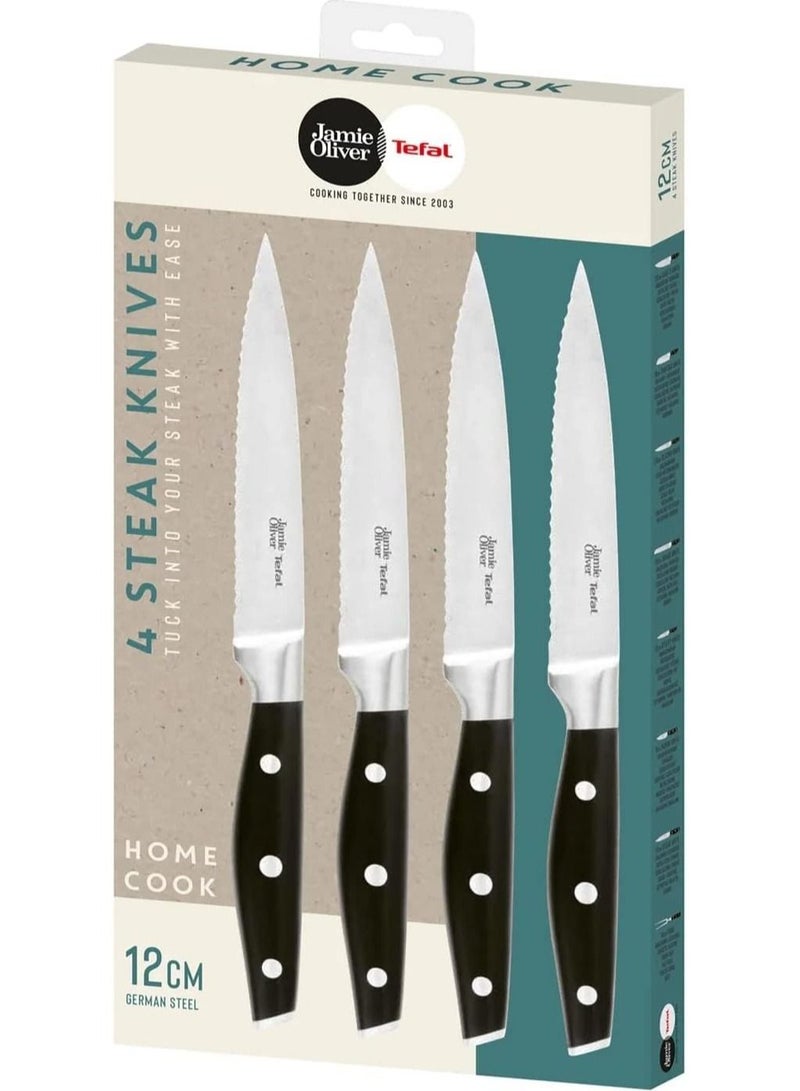 Tefal Jamie Oliver K26708 Steak Knife Set 4 Piece 12CM Stainless Steel  Steak Cutlery Set For 4 People  Steak Knives With Non-slip Handles  Grill Cutlery  Stainless Steel  Black  Silver