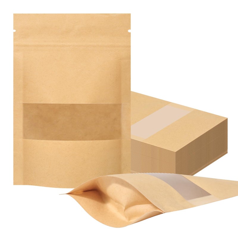 ENNIYU 100 Pcs Resealable bags, 3.5" x 5.5" Sealable Stand Up Kraft Paper Bags with Matte Window, Zip Lock Food Storage Bags for Packaging Products - Image 1