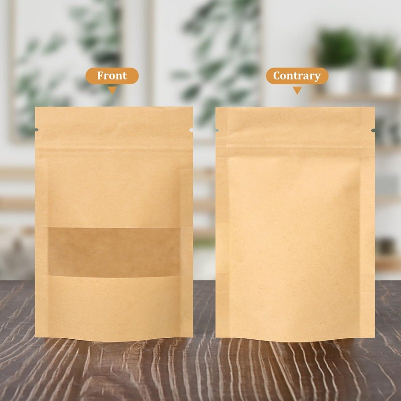 ENNIYU 100 Pcs Resealable bags, 3.5" x 5.5" Sealable Stand Up Kraft Paper Bags with Matte Window, Zip Lock Food Storage Bags for Packaging Products - Image 2